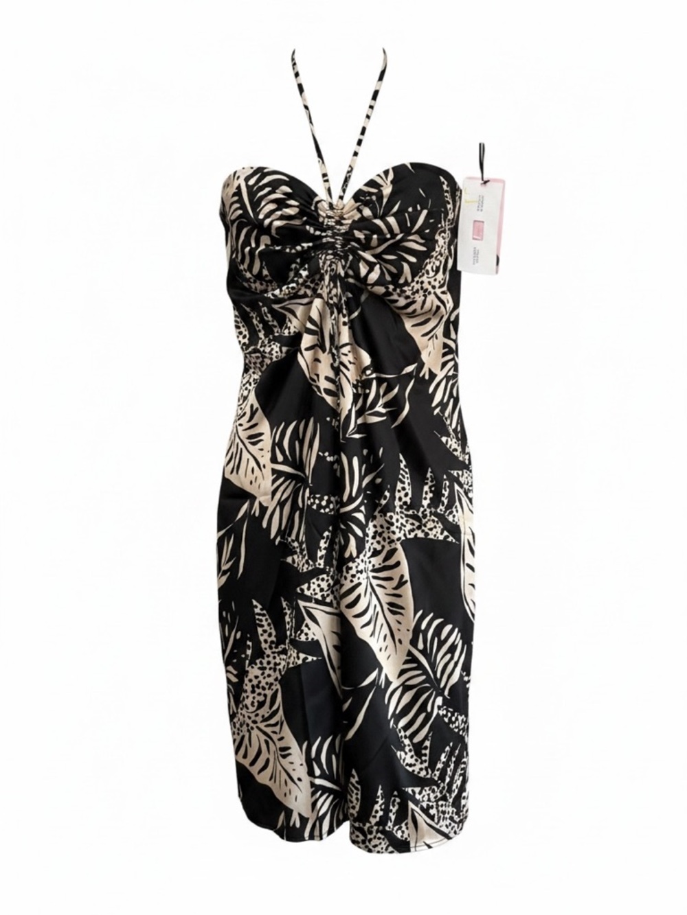 Strapless Black & Cream Tropical Print Dress